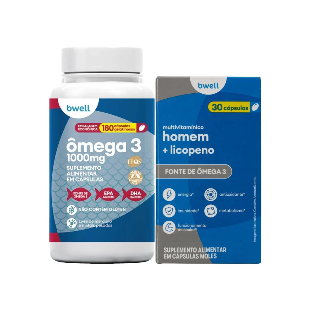Kit Bwell Ômega 3 180 Cápsulas + Polivitamínico Homem 30 Cápsulas