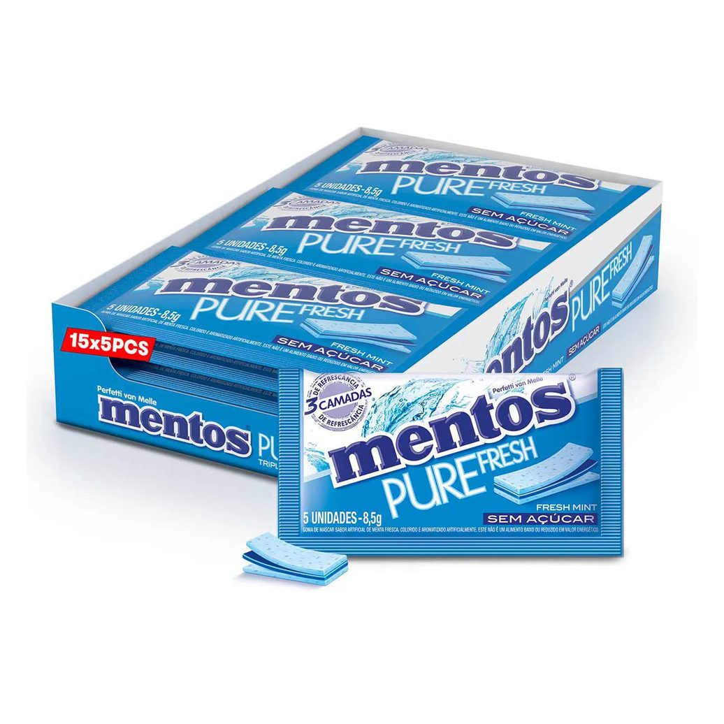 Mentos Pure Fresh Chiclete Sem Açúcar Sabor Fresh Mint com 5 unidades