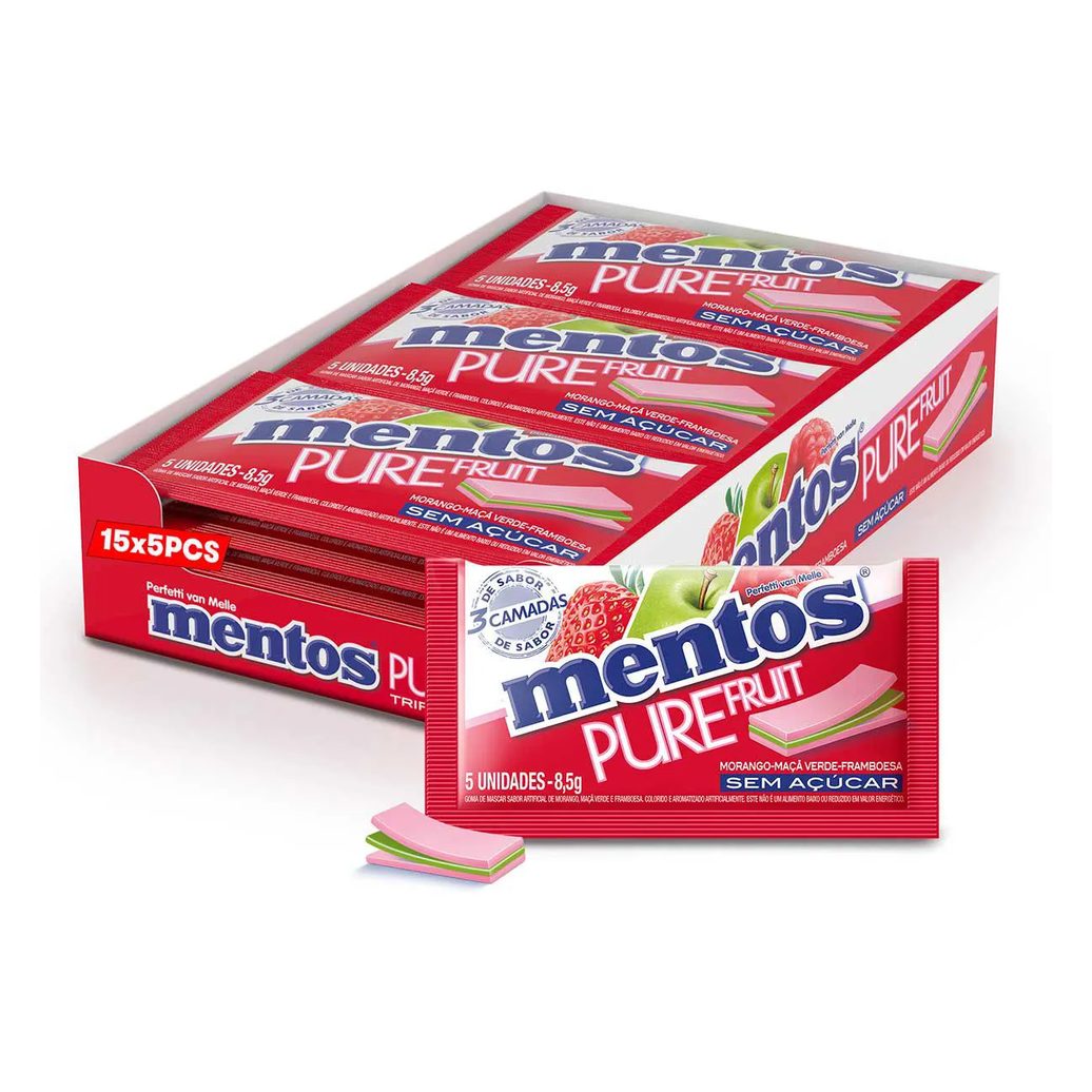 Mentos Pure Fruit Chiclete Sem Açúcar Sabor Morango Maçã Verde e Framboesa com 5 unidades