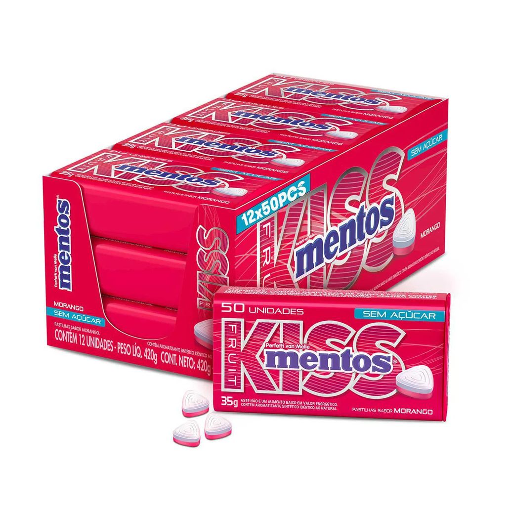 Bala Kiss Mentos Sabor Morango Sem Açúcar 50 unidades