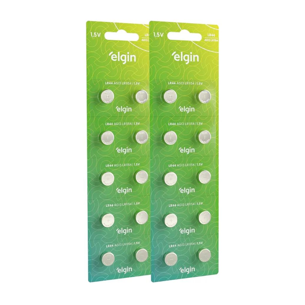 20 Baterias Pilhas Alcalina Lr44 1,5v Blister Cartela Elgin