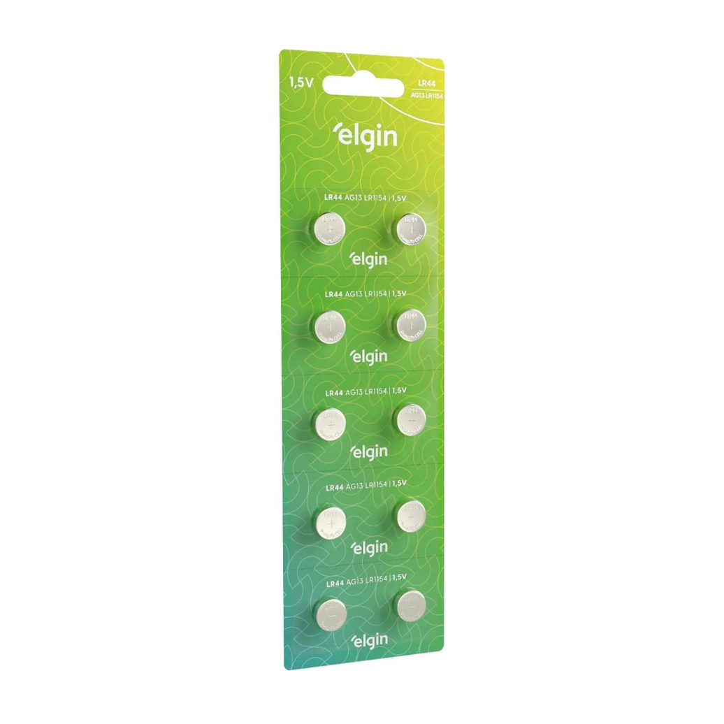 10 Baterias Pilhas Alcalina Lr44 1,5v Blister Cartela Elgin