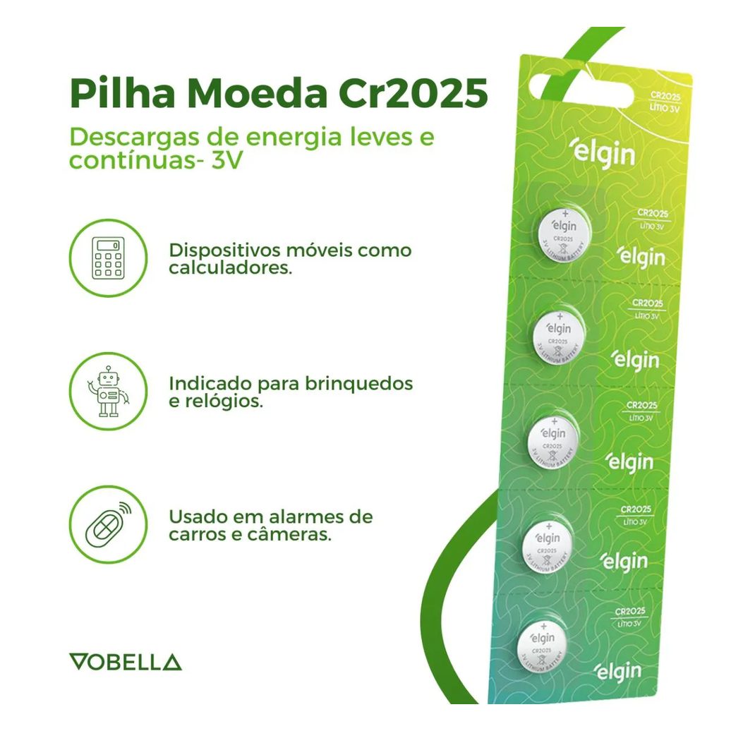 5 Baterias Pilha Moeda Cr2025 3v Blister Cartela Elgin