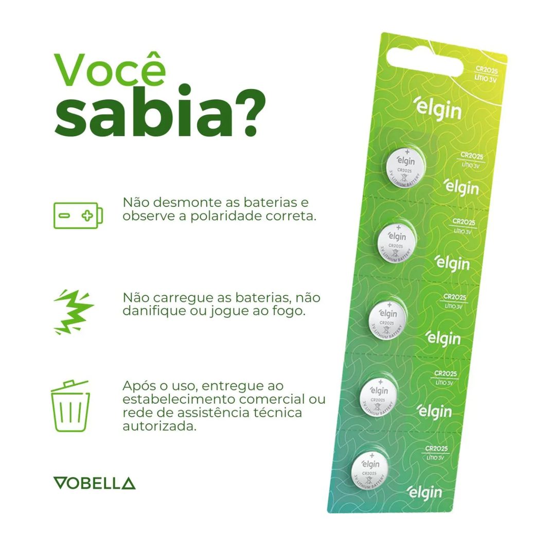 5 Baterias Pilha Moeda Cr2025 3v Blister Cartela Elgin