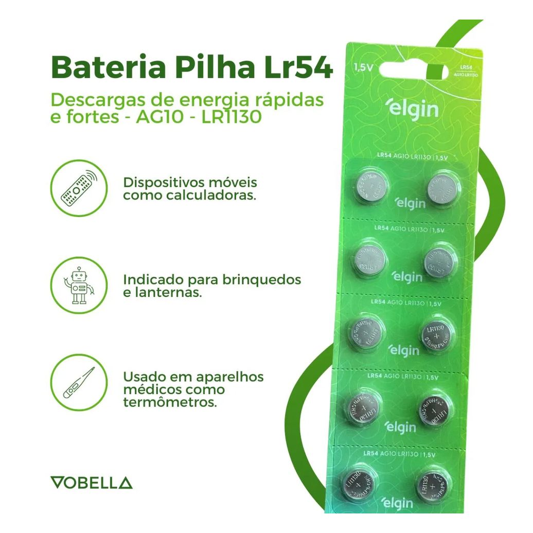 10 Baterias Pilhas Alcalina Lr54 1,5v Blister Cartela Elgin