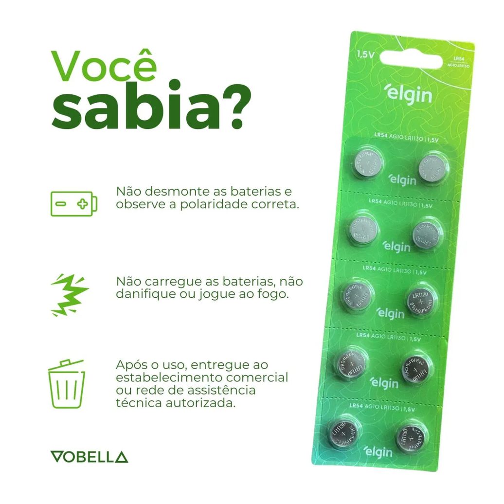10 Baterias Pilhas Alcalina Lr54 1,5v Blister Cartela Elgin