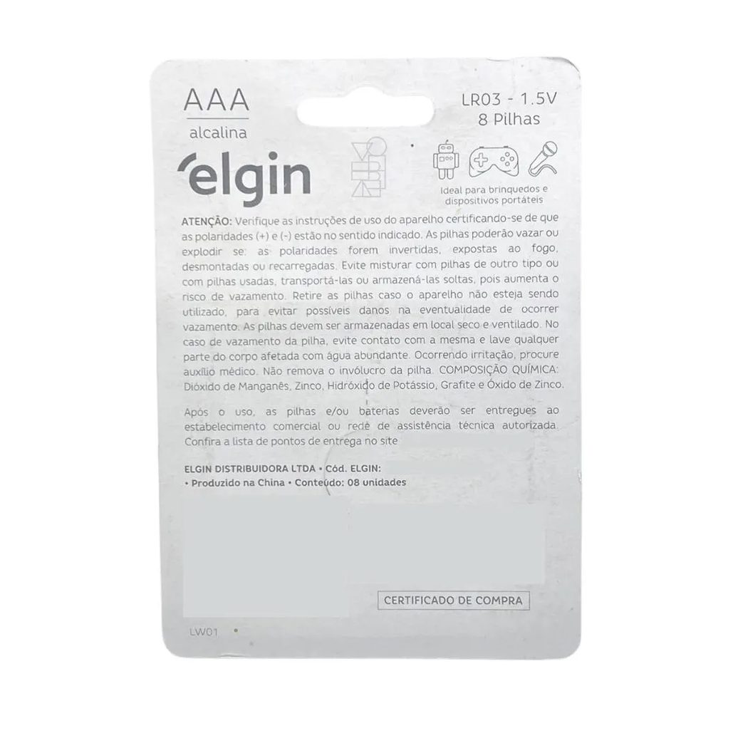 Pilha Alcalina Aaa Palito 1,5v LR03 Blister 8 Unidades Elgin