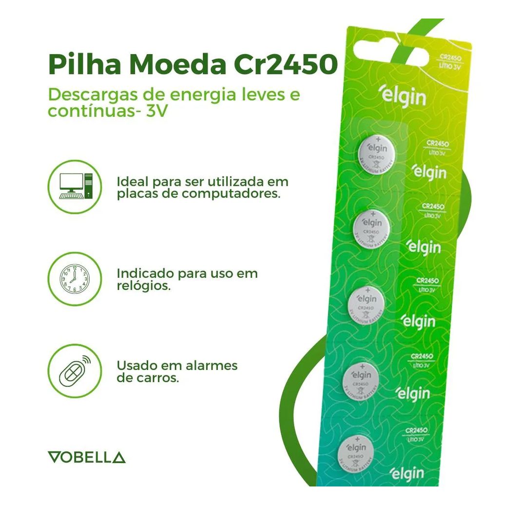 5 Baterias Pilha Moeda Cr2450 3V 1 Cartela Brinquedos Elgin