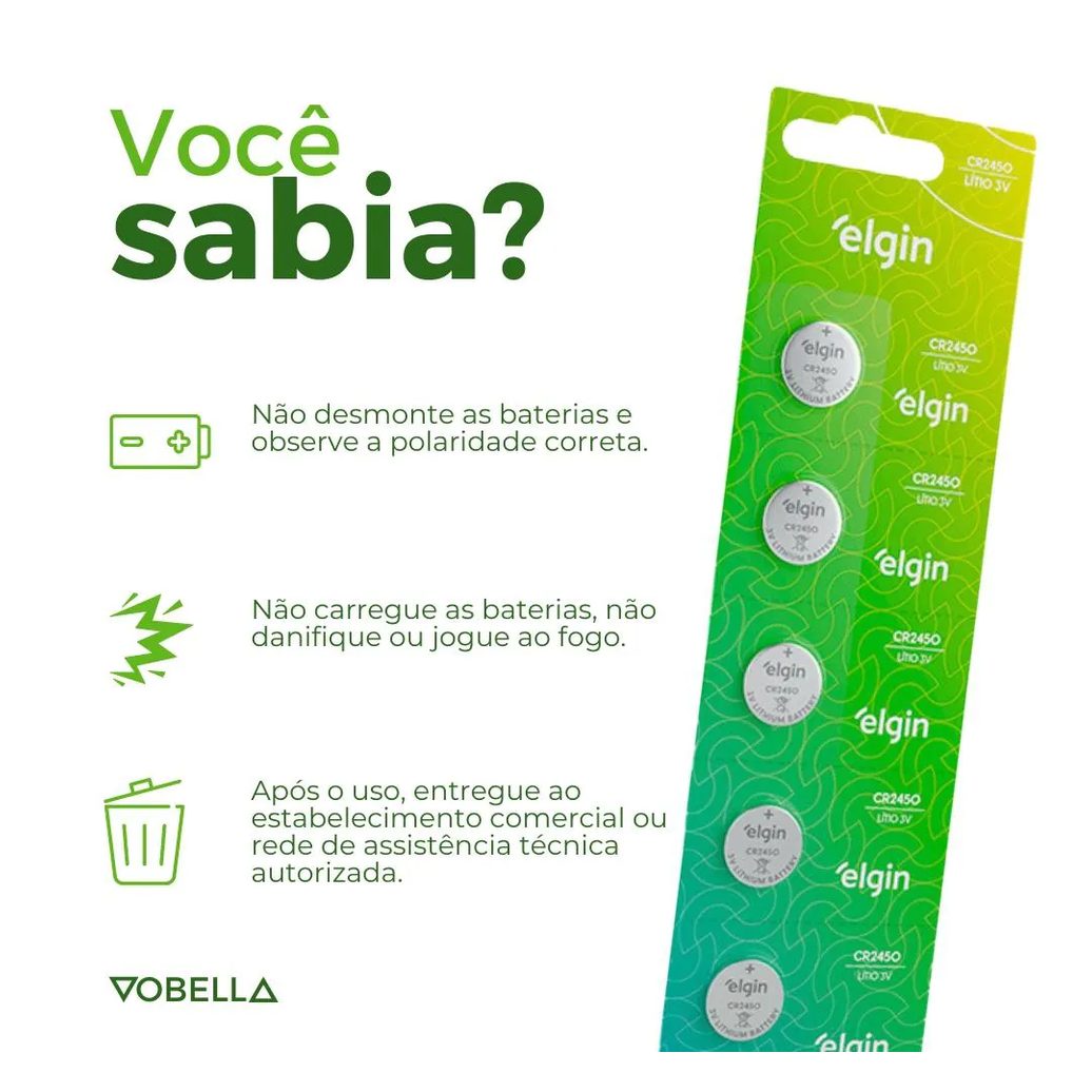 5 Baterias Pilha Moeda Cr2450 3V 1 Cartela Brinquedos Elgin
