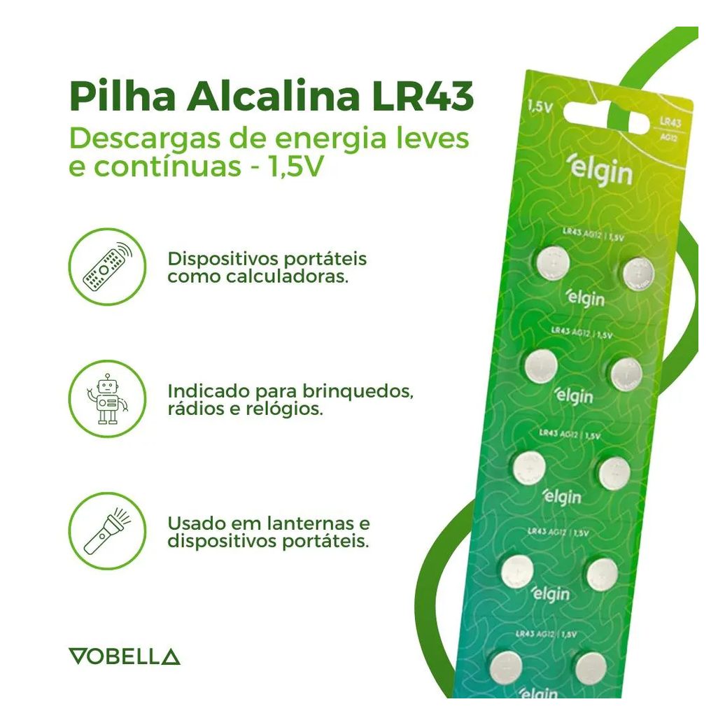 10 Baterias Pilha Botão Lr43 1,5V Ag12 1 Cartela Elgin