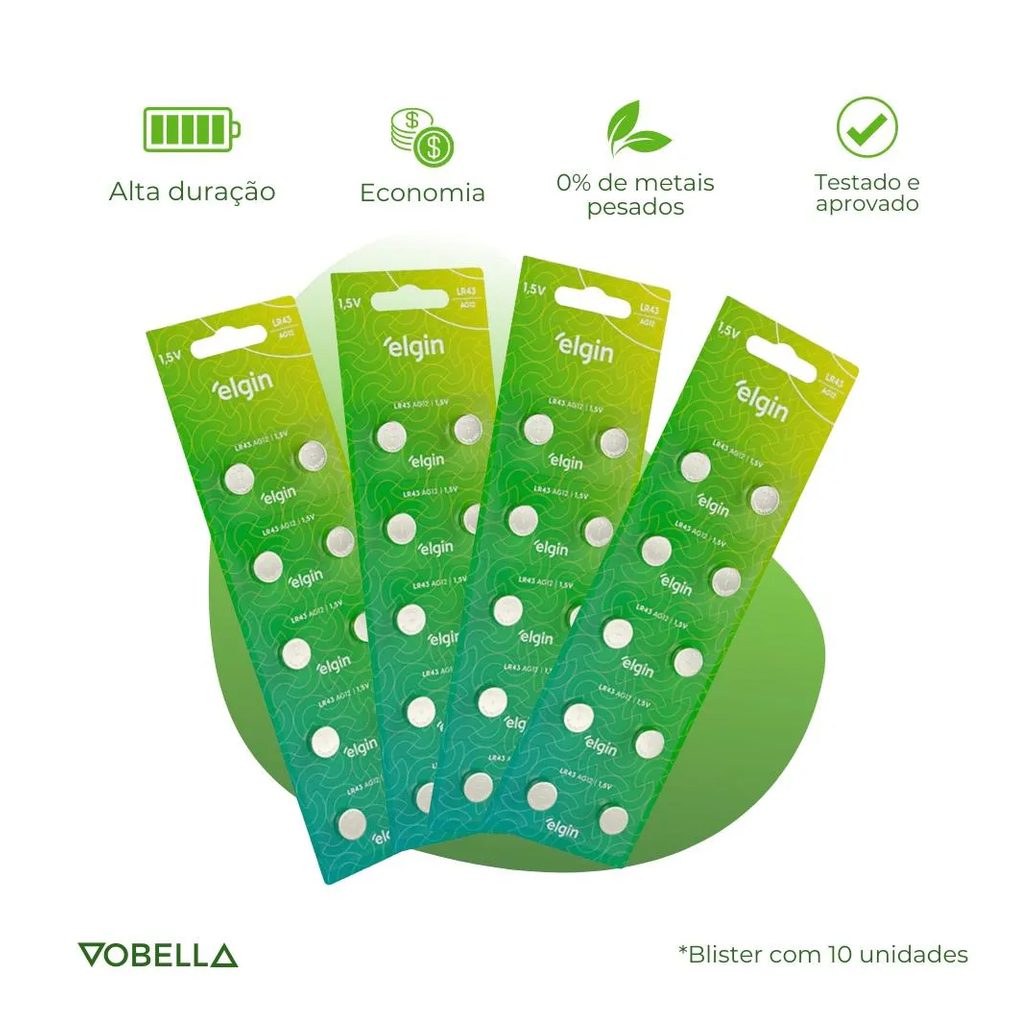 10 Baterias Pilha Botão Lr43 1,5V Ag12 1 Cartela Elgin