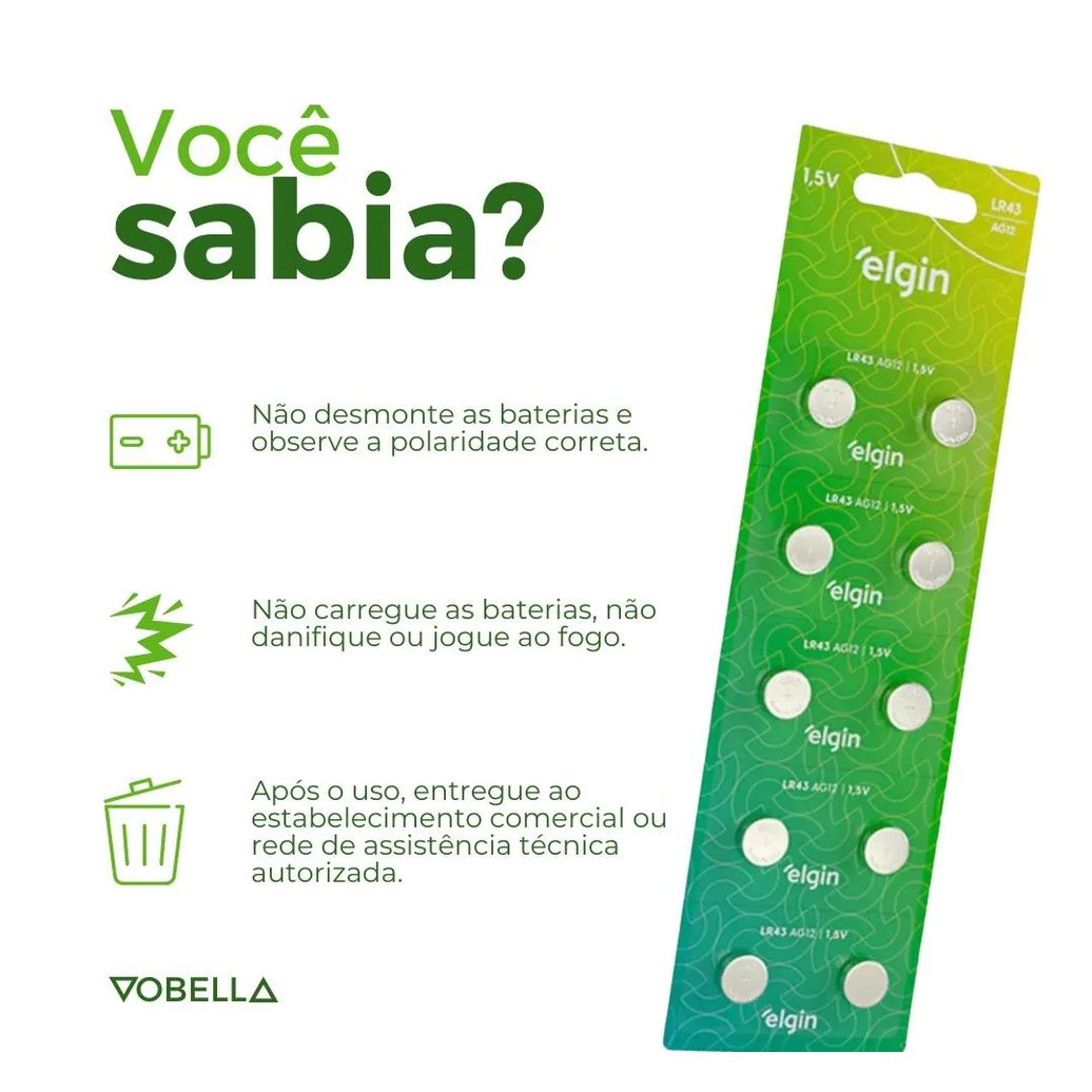 10 Baterias Pilha Botão Lr43 1,5V Ag12 1 Cartela Elgin