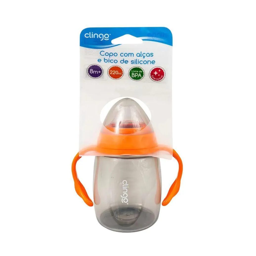 Copo Com Alça E Bico De Silicone 220ml Laranja Clingo