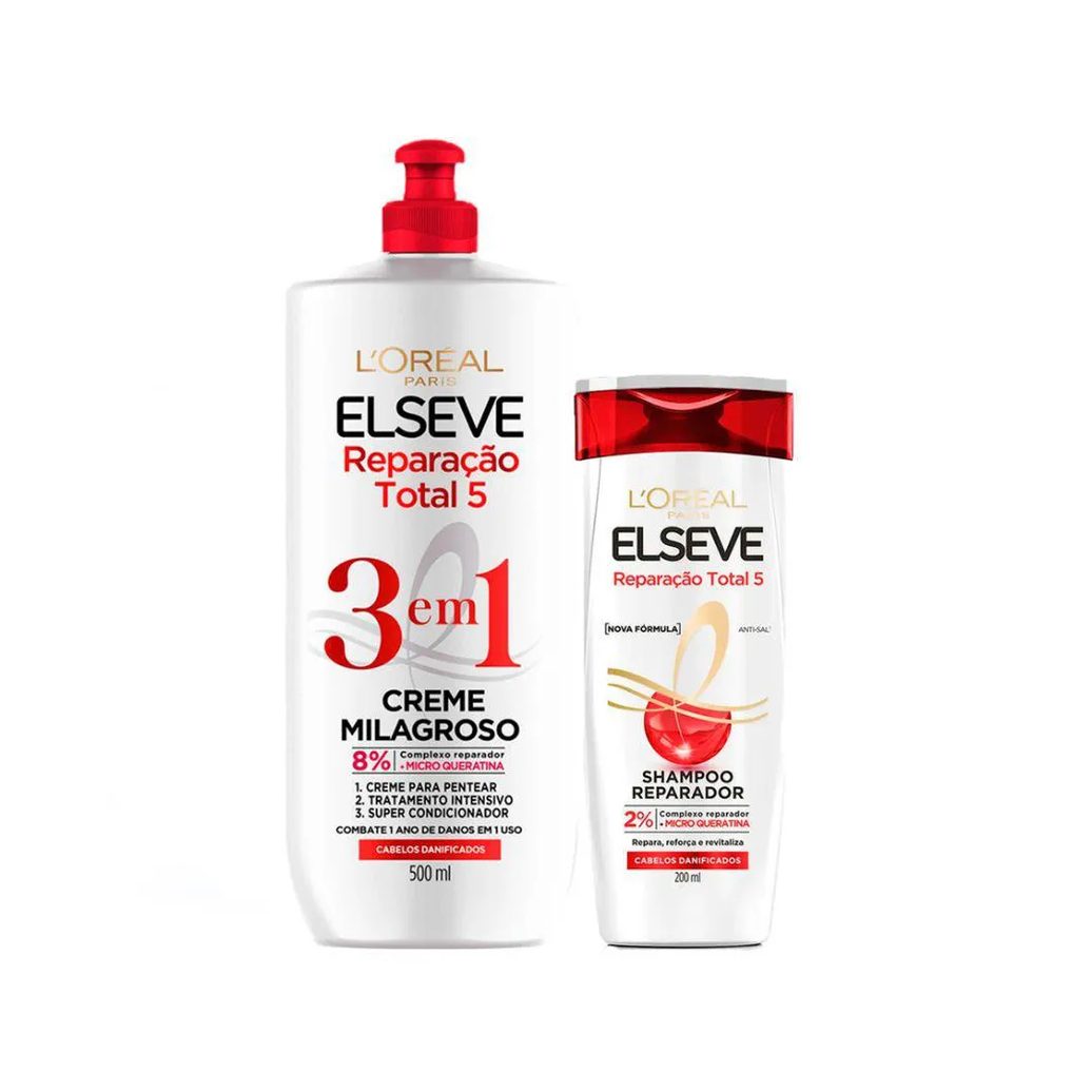 Kit Elseve L’oréal Paris Reparação Total 5 Shampoo 200ml + Creme Milagroso 3em 500ml (2 Produtos)