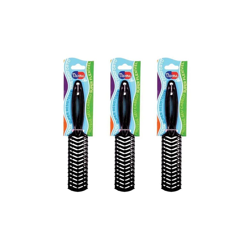Escova de Cabelo Darma Flex Reta Preta - Kit C/ 3un