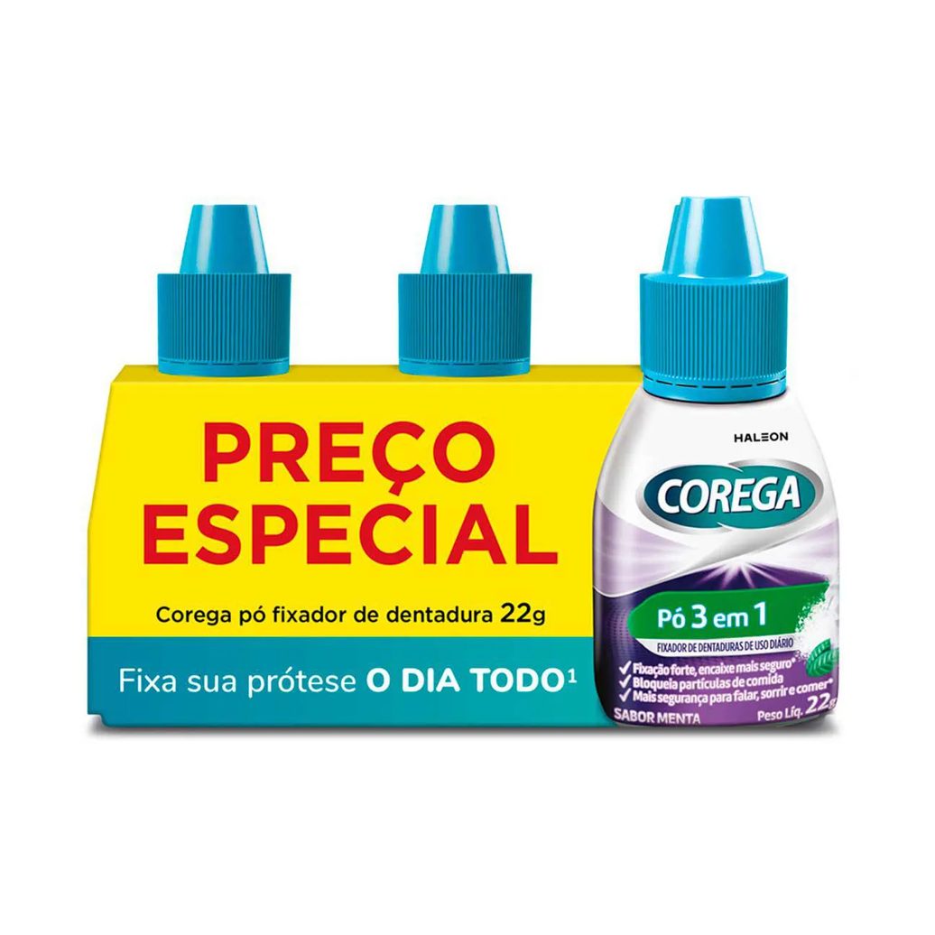 Kit Pó Fixador de Dentadura Corega 3 em 1 22g 3 unidades