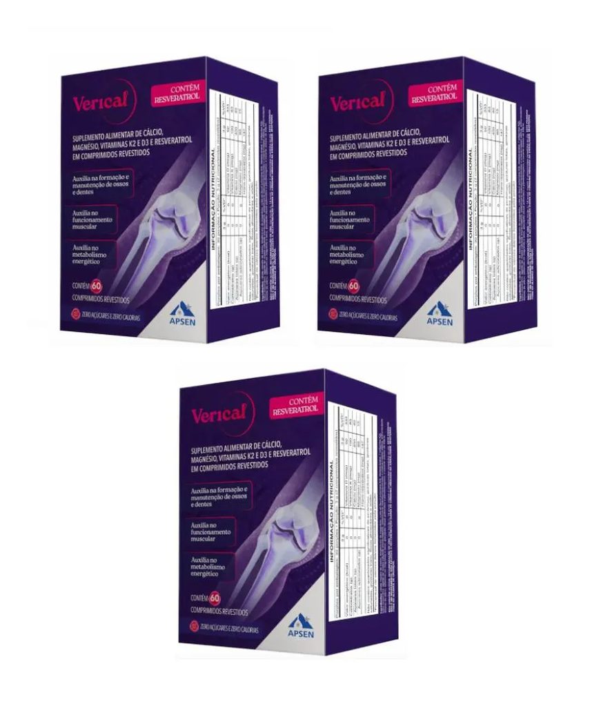 Verical Kit C/3 Caixas C/60 comprimidos Cada - Suplemento de Cálcio + Resveratrol + Vitamina D + Magnésio + Vitamina K2