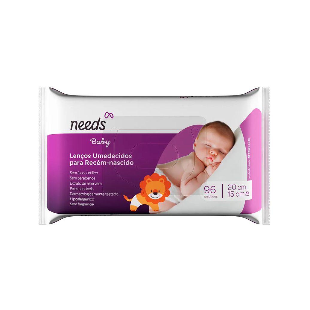 Lenço Umedecido Needs Baby Recém-Nascido Aloe Vera Sem Álcool Etílico Sem Perfume 96 unidades