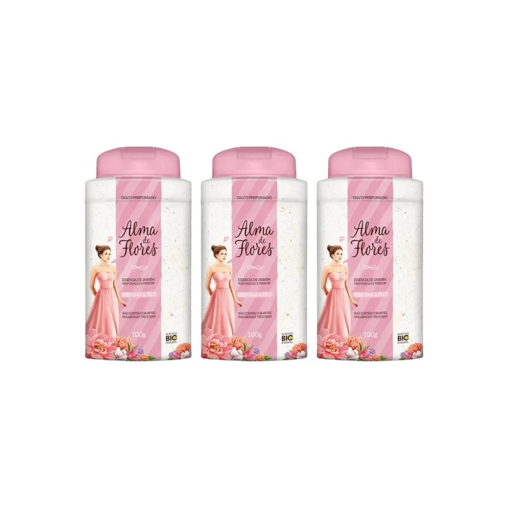 Talco Alma de Flores 100g Essencia Jasmim - Kit C / 3un
