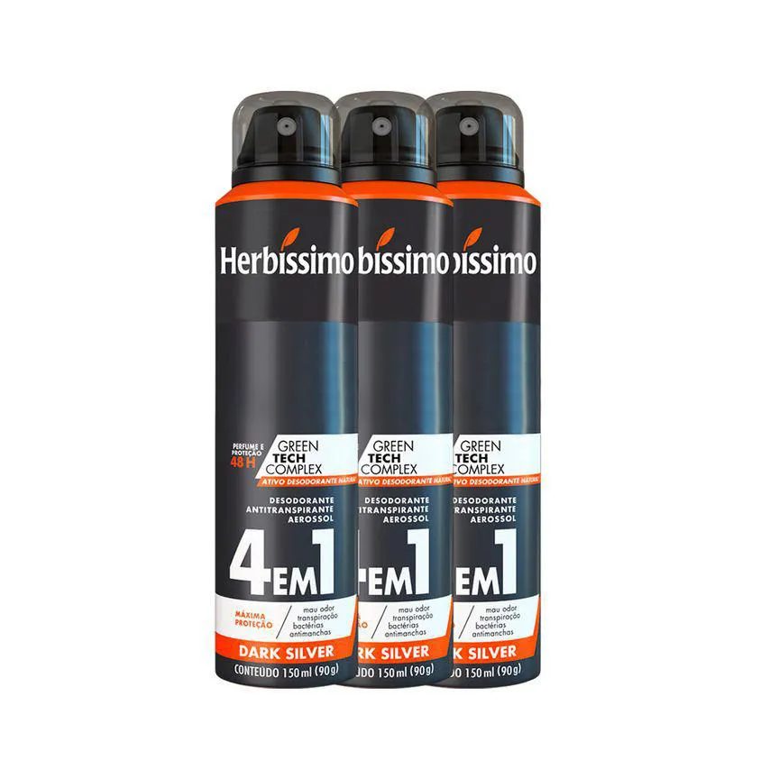 Kit Desodorante Antritanspirante Aerosol Herbíssimo Dark Silver 48h 150ml 3 unidades