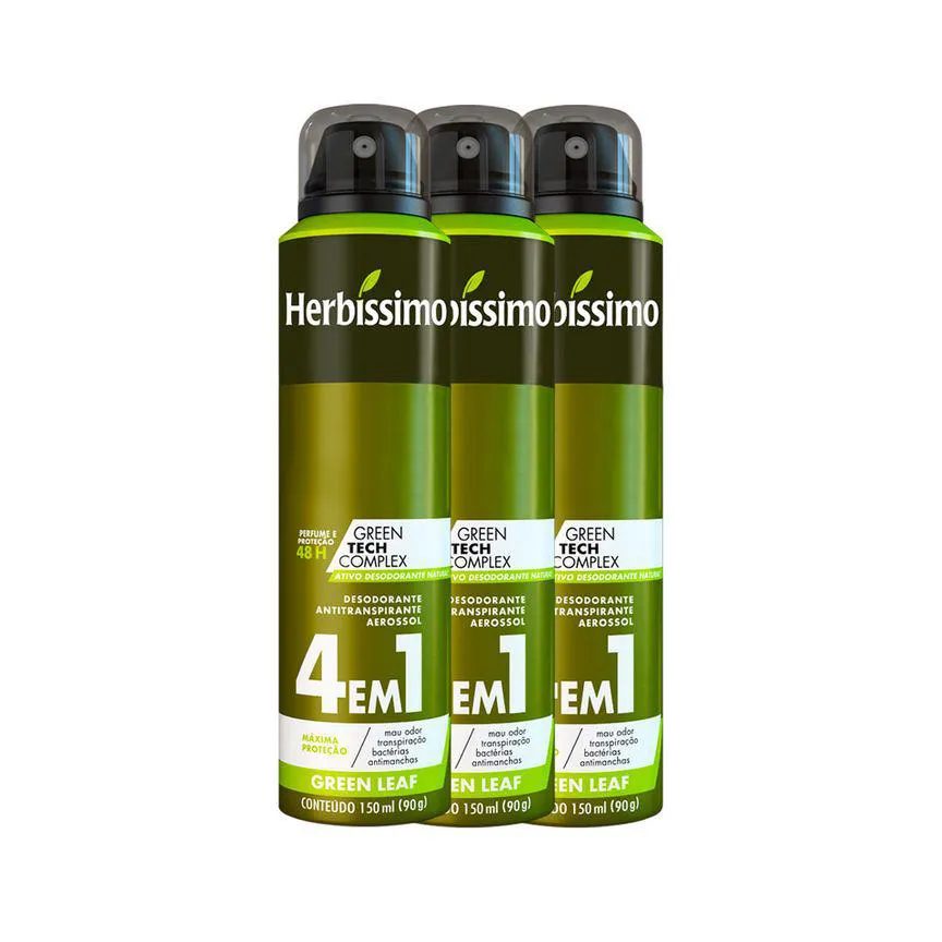 Kit Desodorante Antritanspirante Aerosol Herbíssimo Green Leaf 48h 150ml 3 unidades