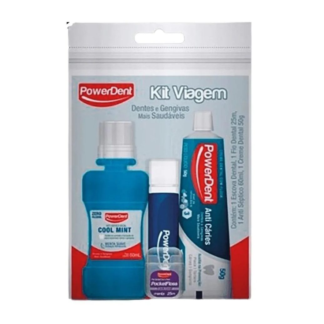Kit Viagem Powerdent Creme Dental+escova+fita+enxague Plax