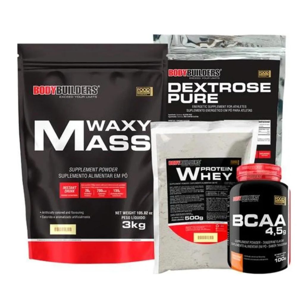 Kit Hipercalórico Waxy Mass 3kg + Whey Protein 500g + Bcaa 100g + Dextrose 900g - Bodybuilders Baunilha