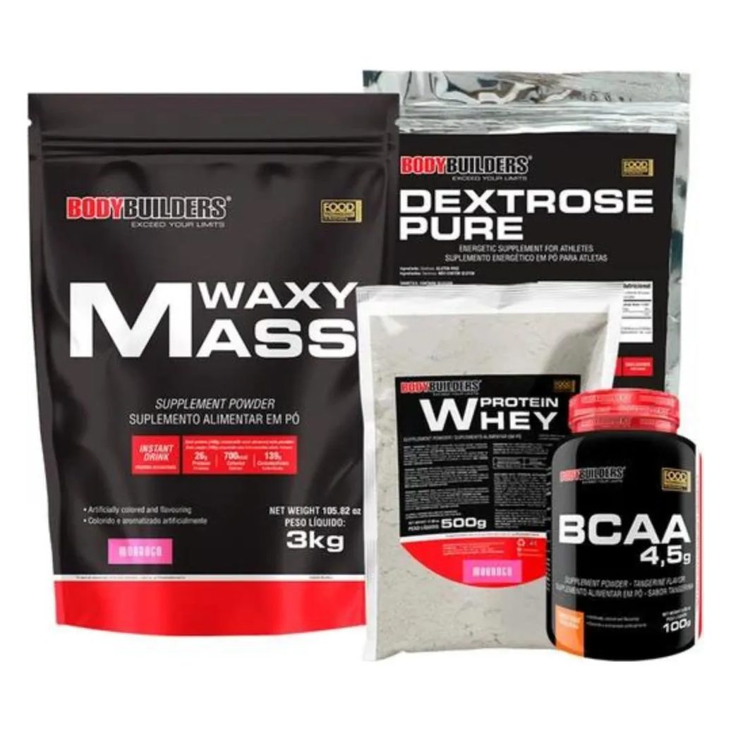 Kit Hipercalórico Waxy Mass 3kg + Whey Protein 500g + Bcaa 100g + Dextrose 900g - Bodybuilders Chocolate