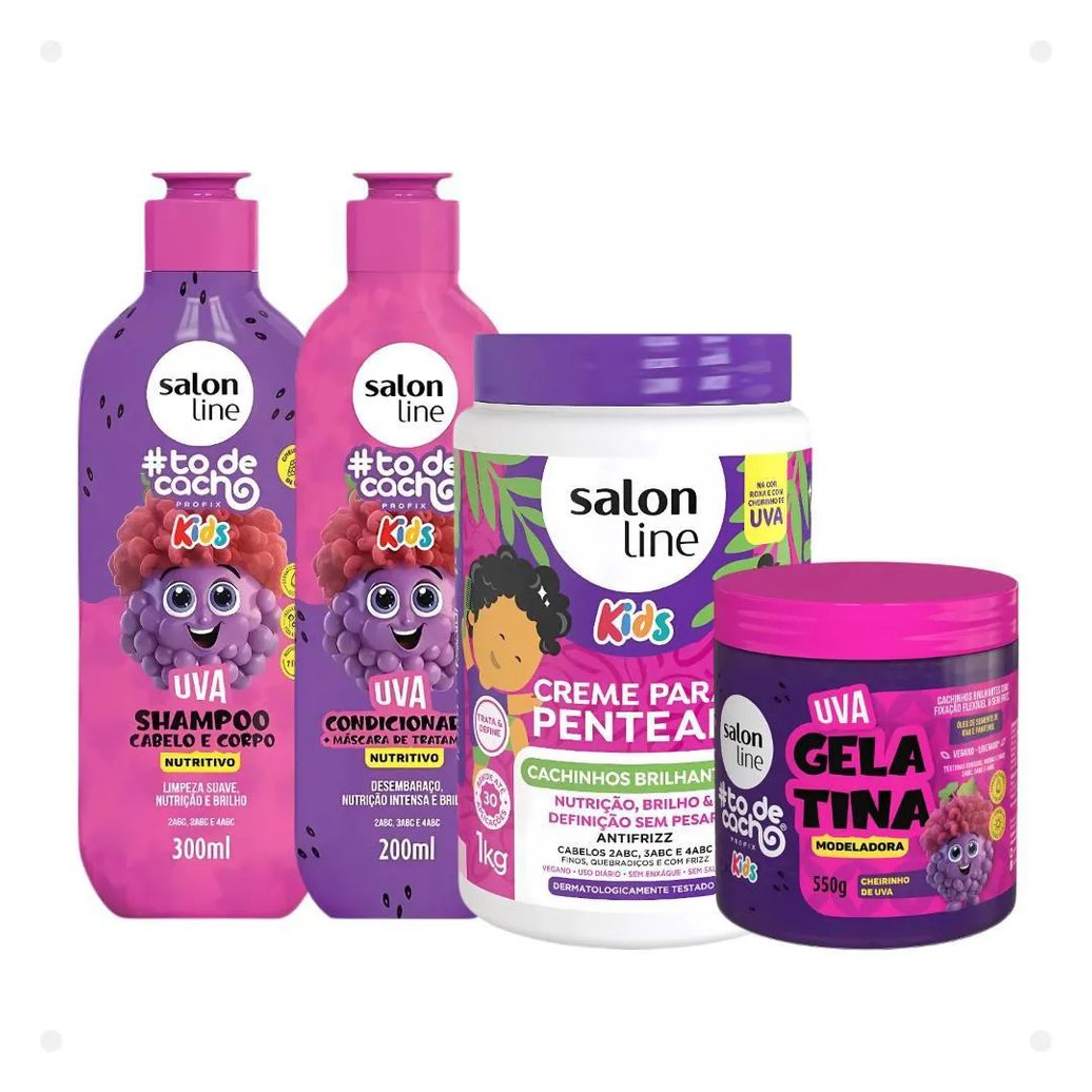 Kit Salon Line Kids: Shampoo e Condicionador + Creme para Pentear 1kg e Gelatina Modeladora Uva