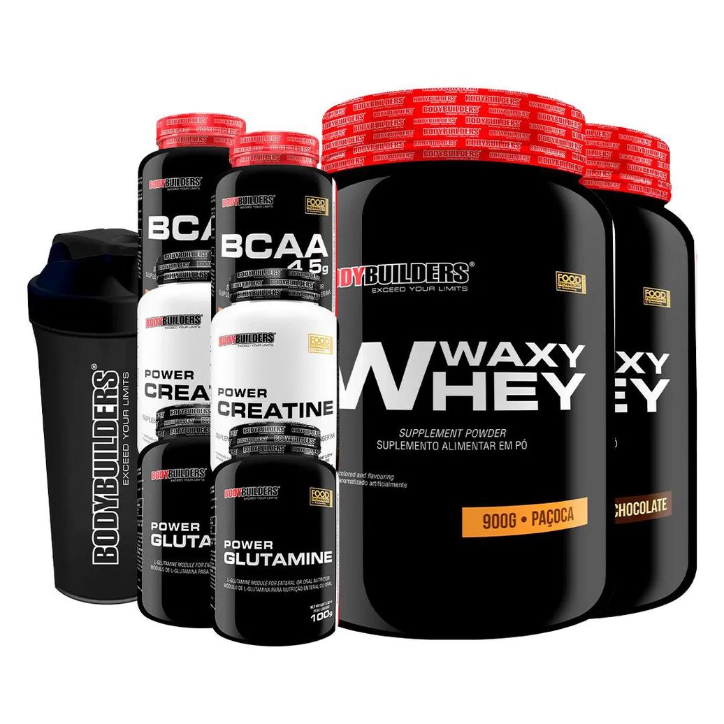 Kit 2x Waxy Whey 900g + 2x Bcaa 100g + 2x Power Creatina 100g + 2x Power Glutamina + Coq - Bodybuilders Chocolate e Paçoca