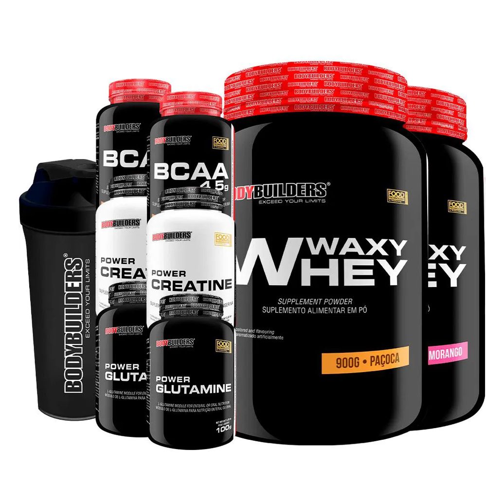 Kit 2x Waxy Whey 900g + 2x Bcaa 100g + 2x Power Creatina 100g + 2x Power Glutamina + Coq - Bodybuilders Morango e Paçoca
