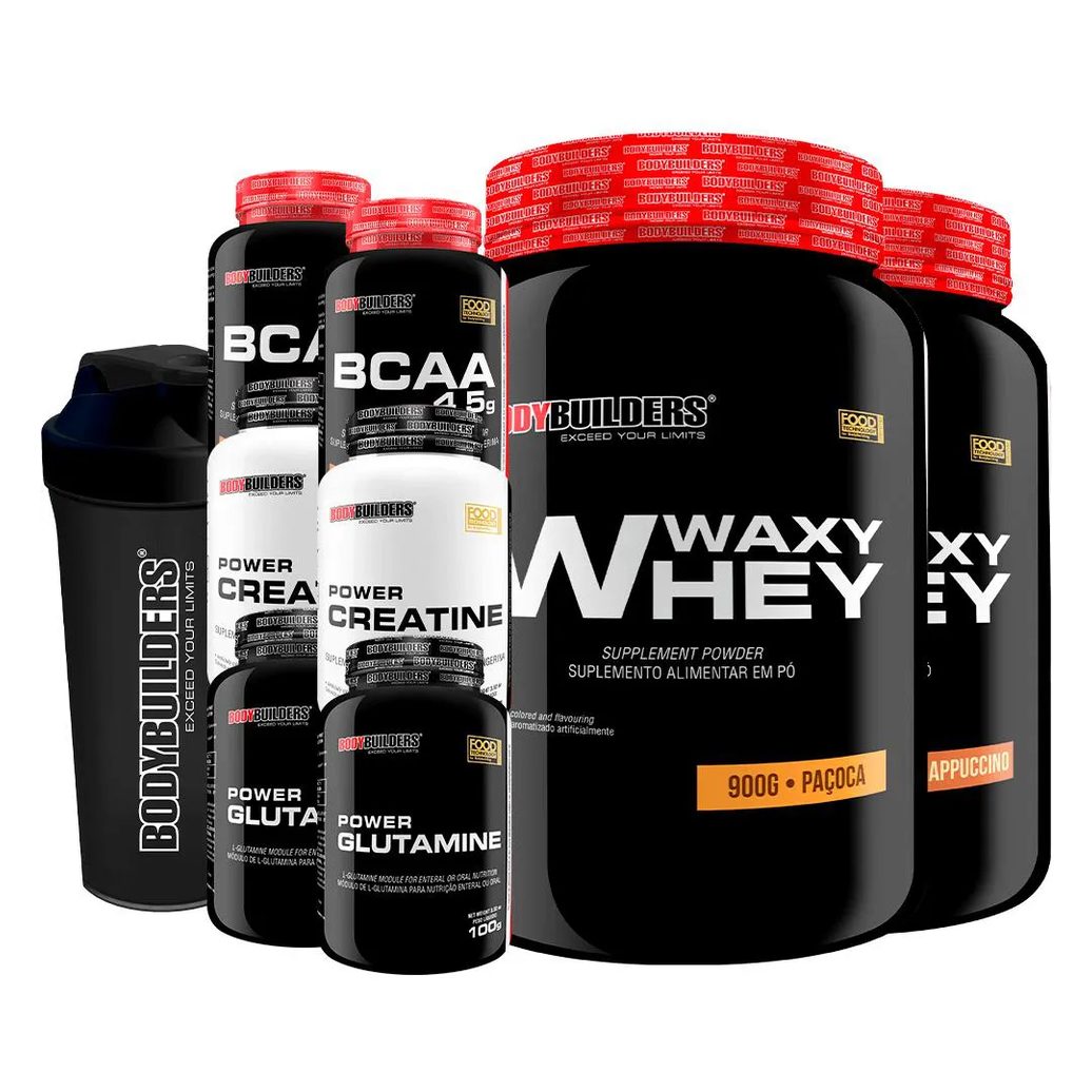 Kit 2x Waxy Whey 900g + 2x Bcaa 100g + 2x Power Creatina 100g + 2x Power Glutamina + Coq - Bodybuilders Cappuccino e Paçoca