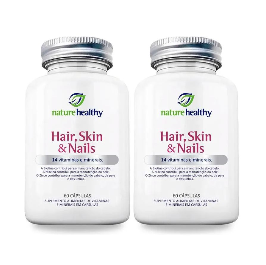 KIT c/ 2 HAIR, SKIN & NAILS c/ 14 VITAMINAS E MINERAIS NATURE HEALTHY 60 CÁPSULAS