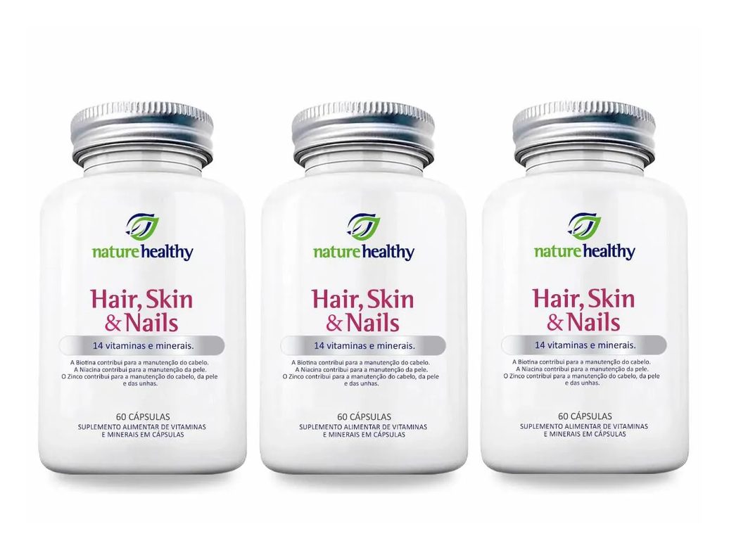 KIT c/ 3 HAIR, SKIN & NAILS c/ 14 VITAMINAS E MINERAIS NATURE HEALTHY 60 CÁPSULAS