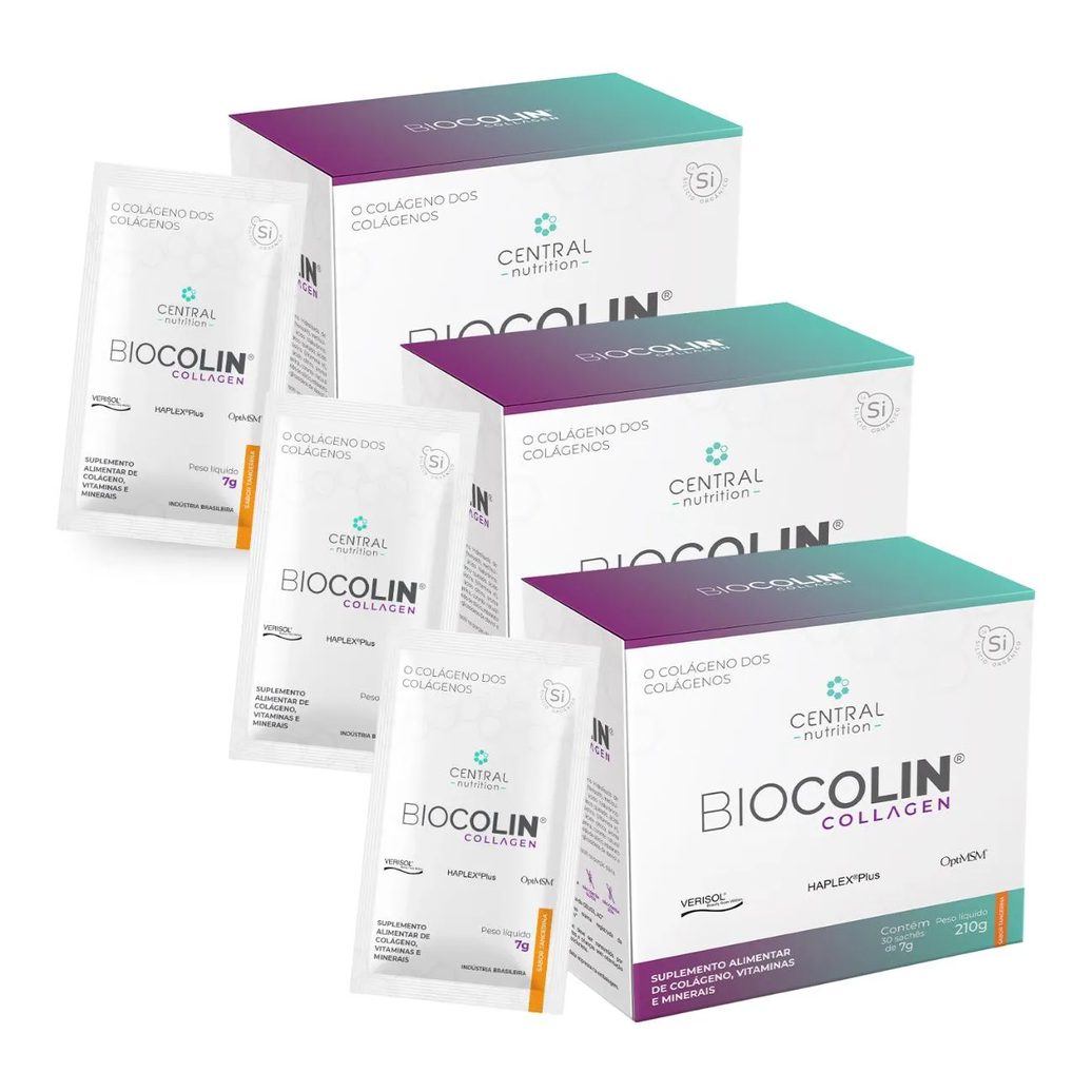 Kit 3 Biocolin Collagen Colágeno Verisol 30Sachê Central Nutrition Tangerina