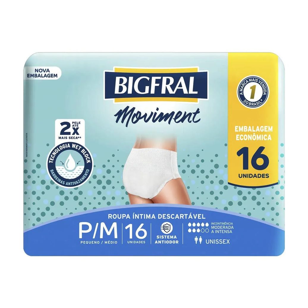 Roupa Íntima Moviment Bigfral Unissex - Tamanho P/M - 16 unidades