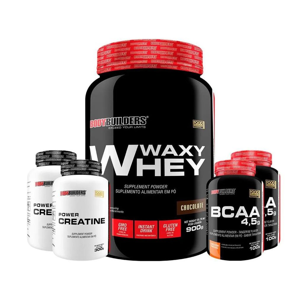 Kit Whey Protein Waxy Whey Pote 900g + 2x Bcaa 100g + 2x Power Creatina 100g - Kit para Ganho de Massa Muscular - Chocolate