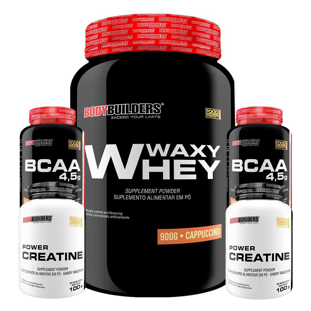 Kit Whey Protein Waxy Whey Pote 900g + 2x Bcaa 100g + 2x Power Creatina 100g - Kit para Ganho de Massa Muscular - Cappuccino