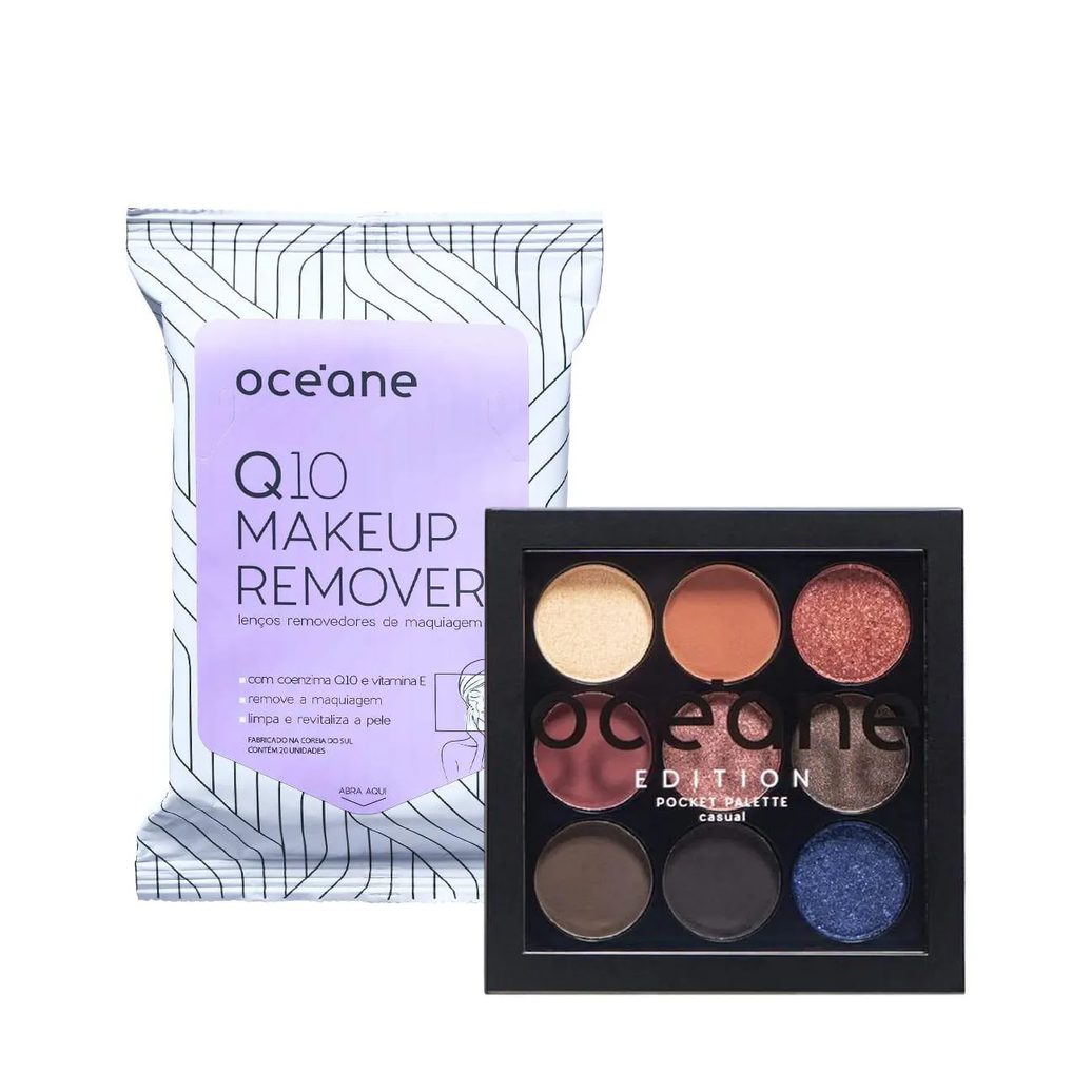 Kit Océane Q10 Makeup Lenço Demaquilantee e Pocket Palette Casual Paleta de Sombras (2 Produtos)
