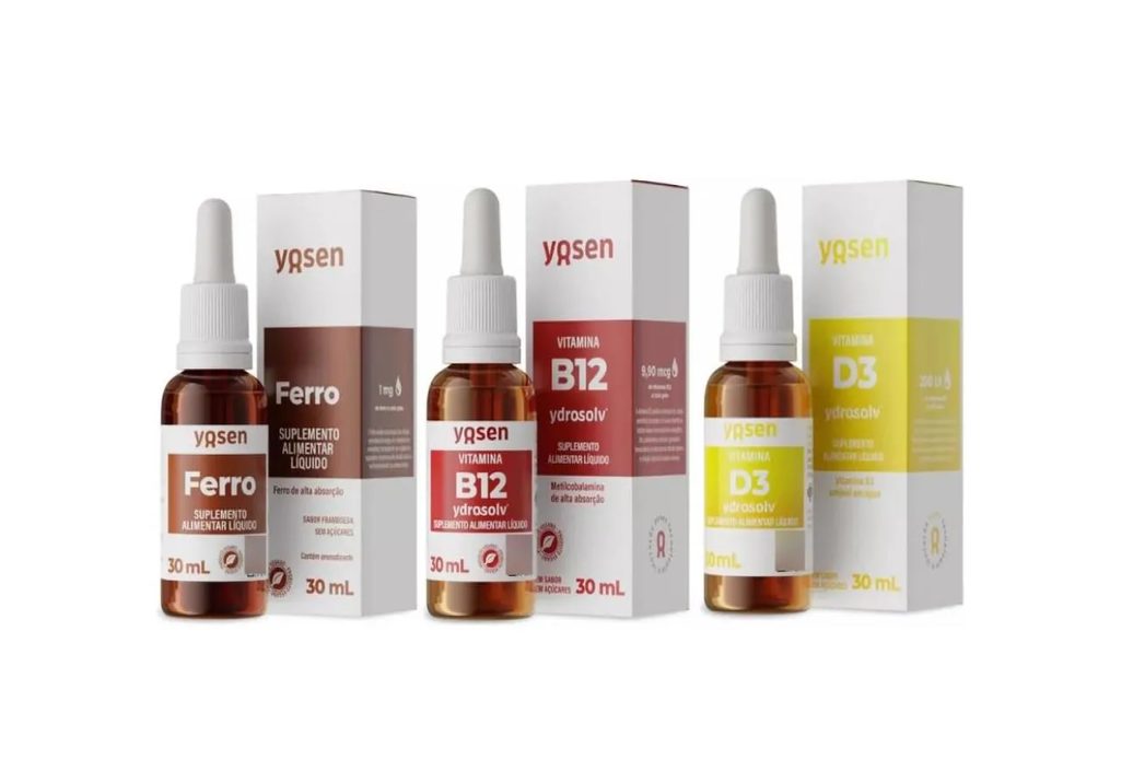 Kit 3x Ferro Bisglicinato + Vitaminas B12 + Vitamina D3 Yosen Líquido 30ml Cada