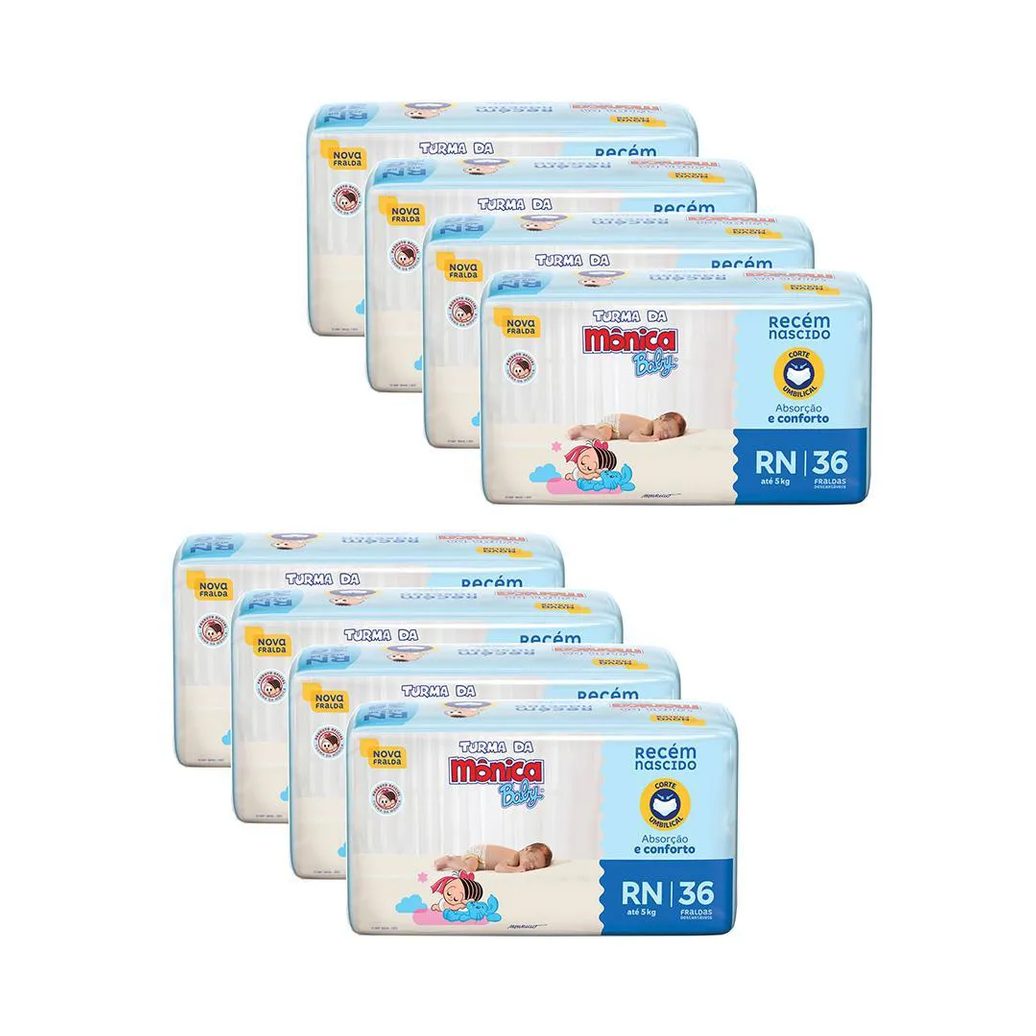 Kit 8 Fraldas Turma da Mônica Baby Jumbo Rn com 36un Cada