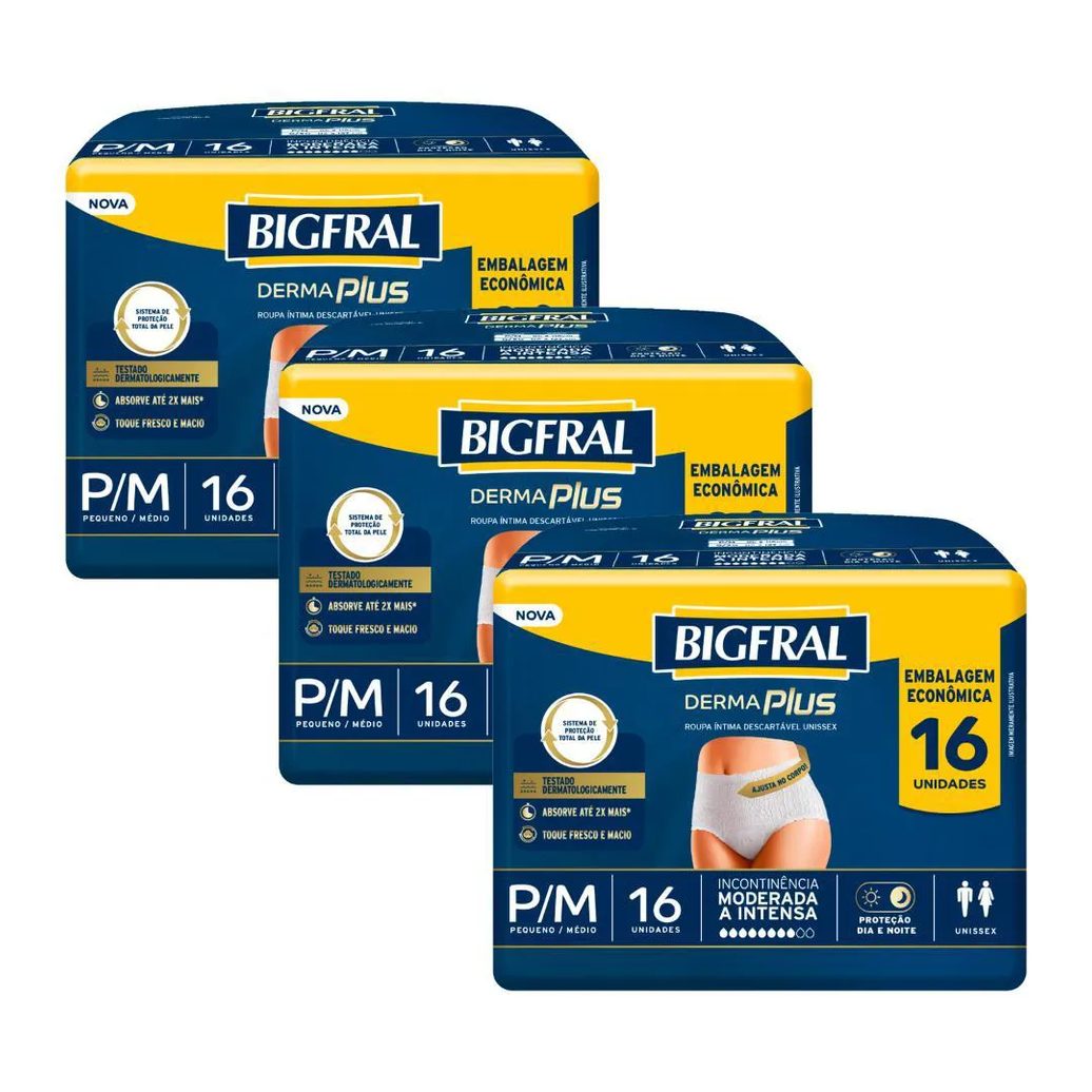 Kit 3 Roupas Íntima Bigfral Pants Derma Plus P/m com 16un Cada