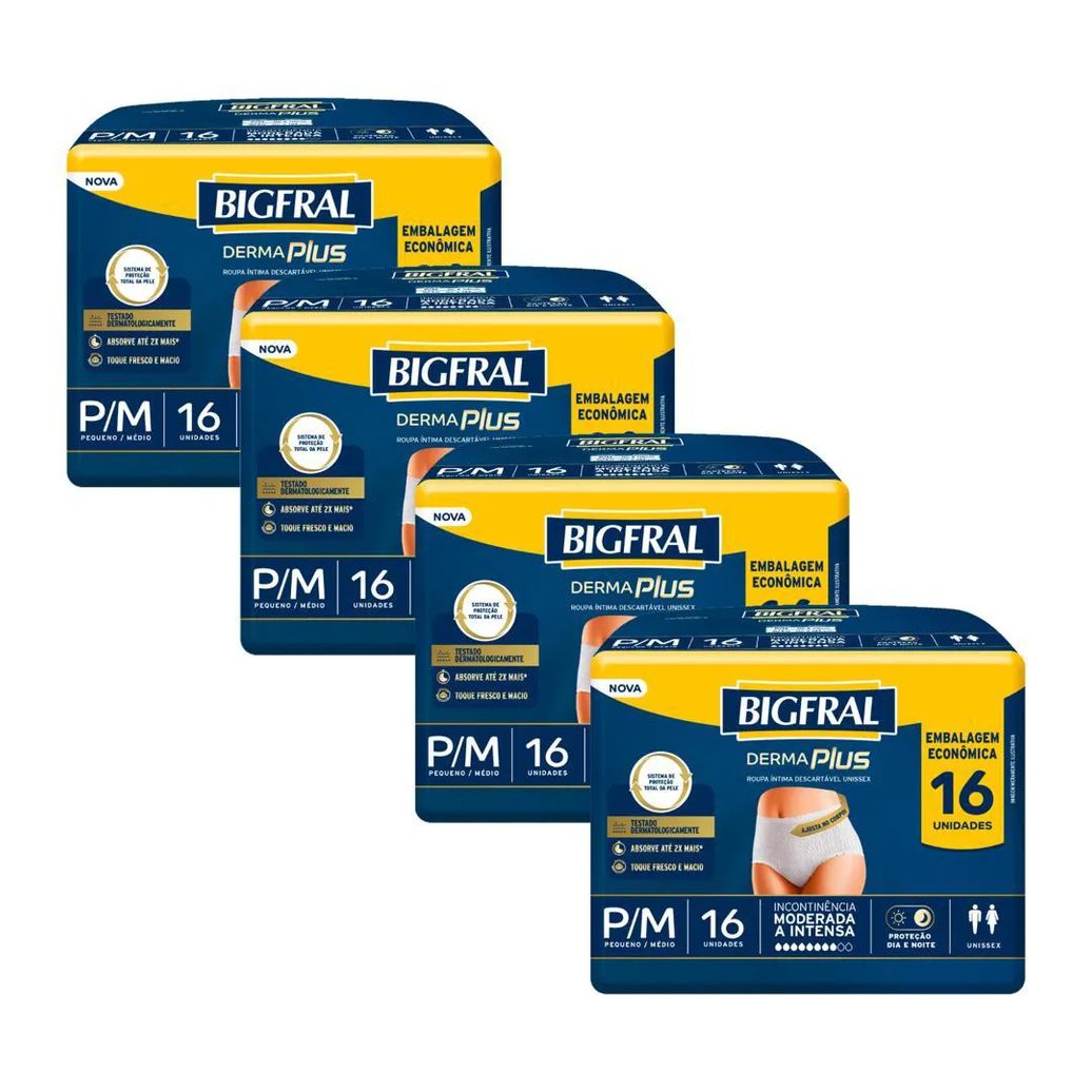 Kit 4 Roupas Íntima Bigfral Pants Derma Plus P/m com 16un Cada