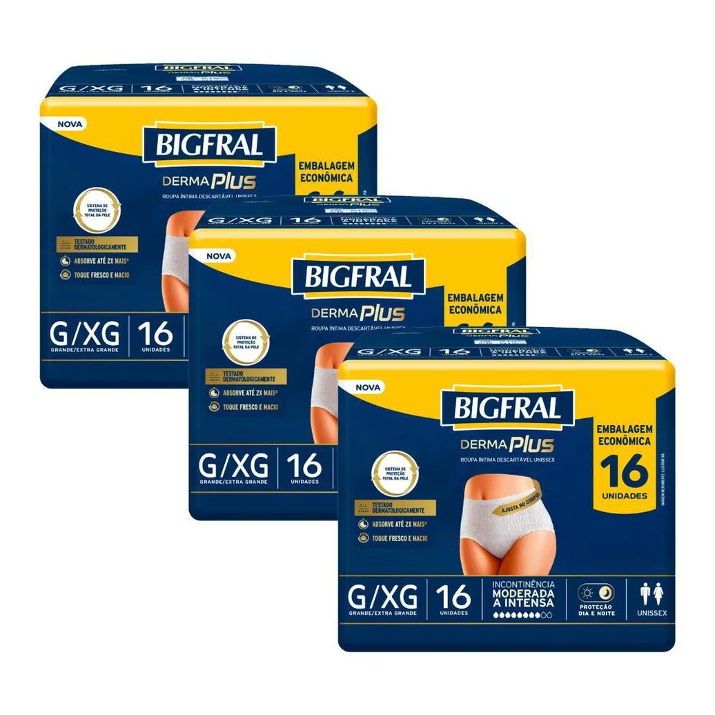 Kit 3 Roupas Íntima Bigfral Pants Derma Plus G/ex com 16un Cada