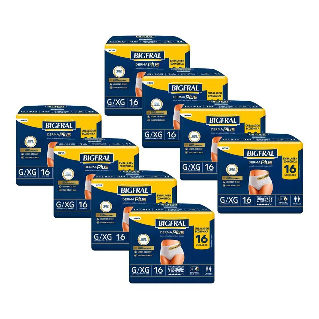 Kit 8 Roupas Íntima Bigfral Pants Derma Plus G/ex com 16un Cada
