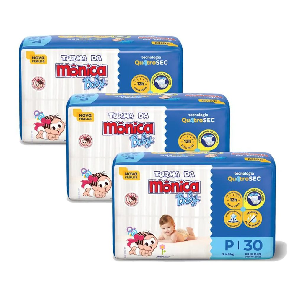 Kit 3 Fraldas Turma da Mônica Baby Jumbo P com 30un Cada