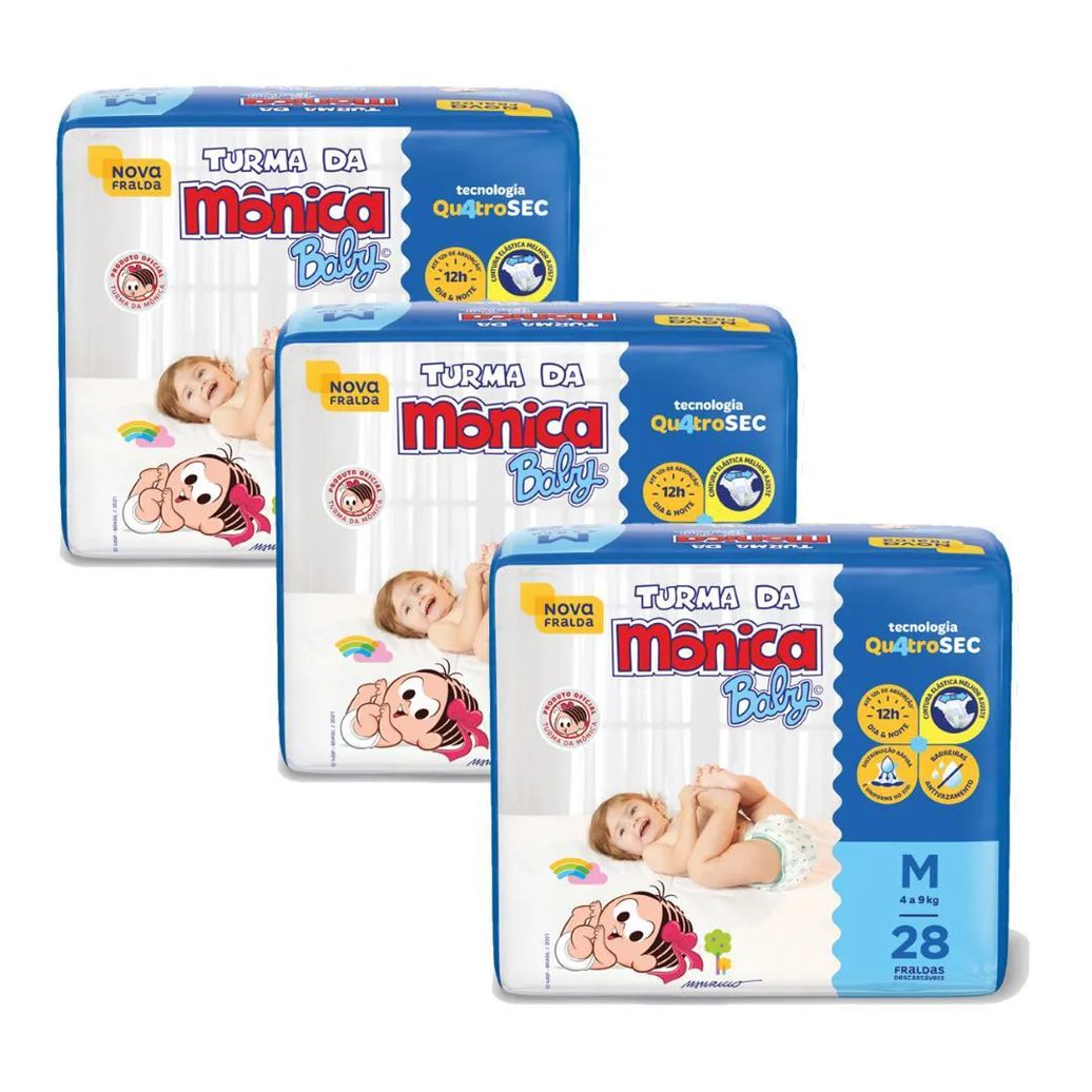 Kit 3 Fraldas Turma da Mônica Baby Jumbo M com 28un Cada