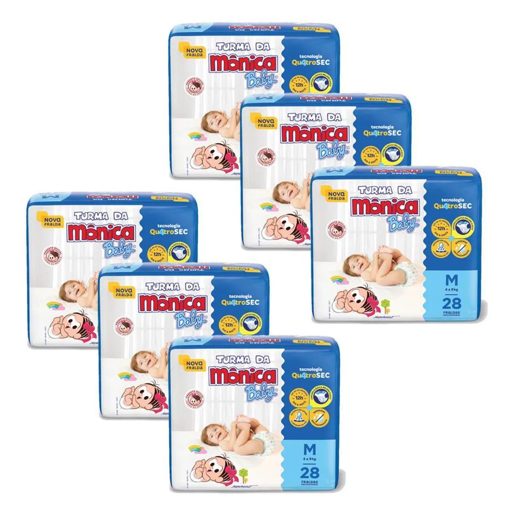 Kit 6 Fraldas Turma da Mônica Baby Jumbo M com 28un Cada