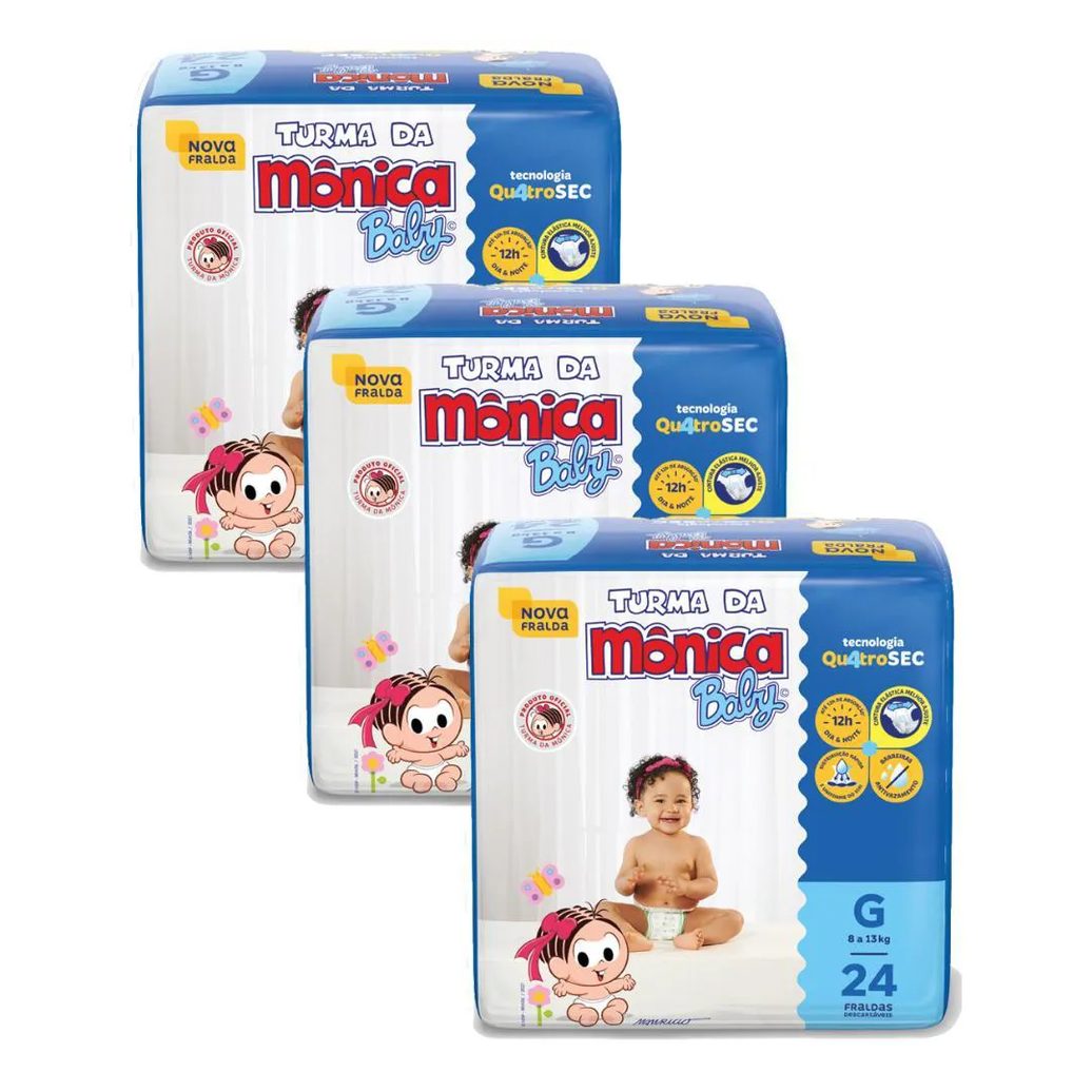 Kit 3 Fraldas Turma da Mônica Baby Jumbo g com 24un Cada