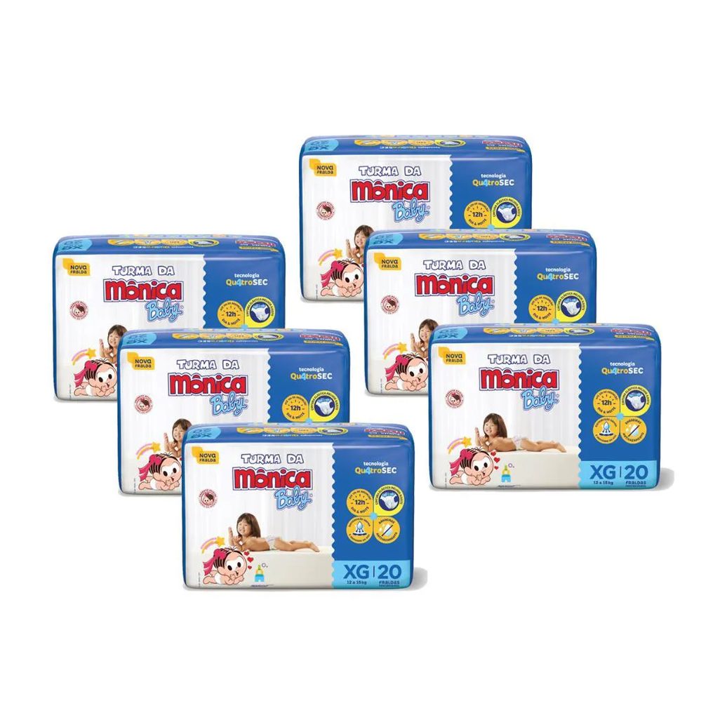 Kit 6 Fraldas Turma da Mônica Baby Jumbo Xg com 20un Cada
